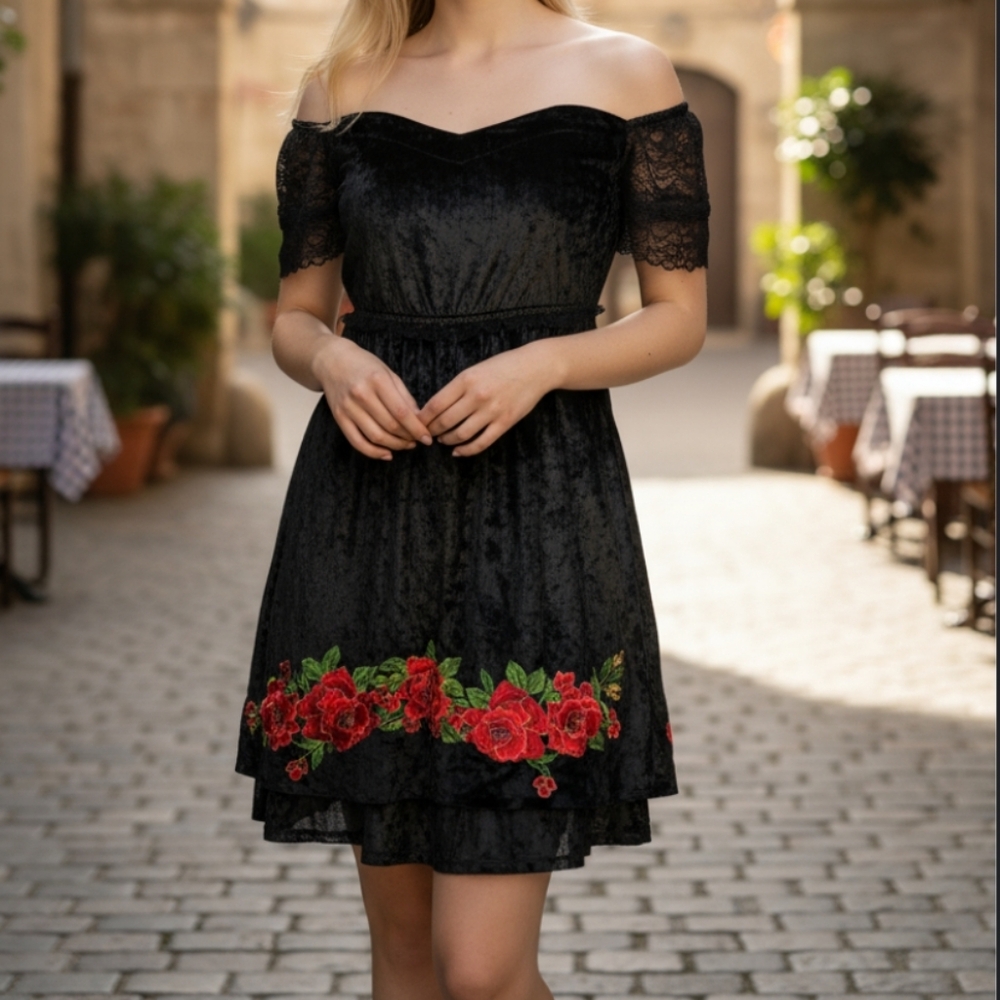 Elegant Black Velvet Dress with Floral Accents